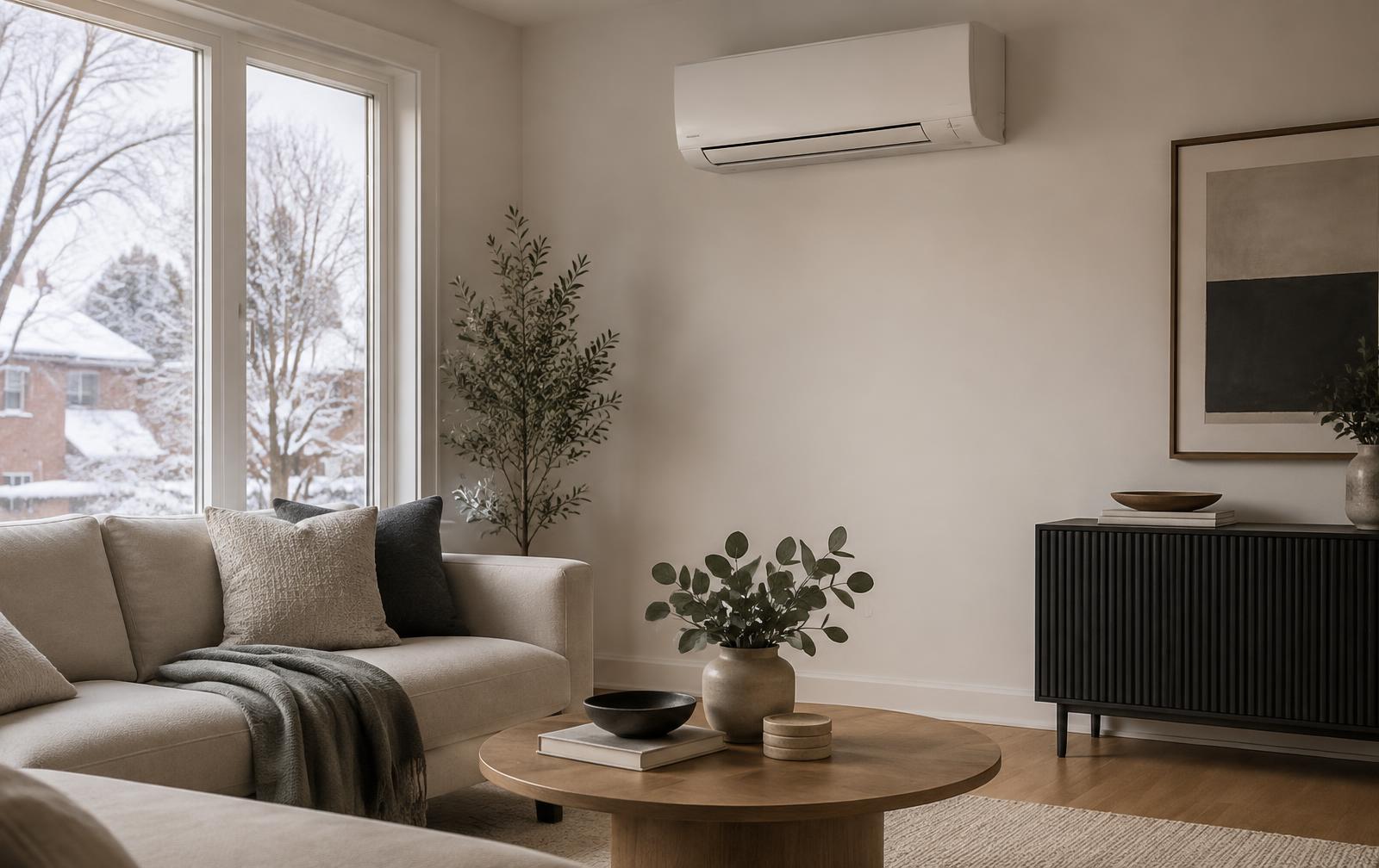 Ductless heat pump head mounted high in a living room