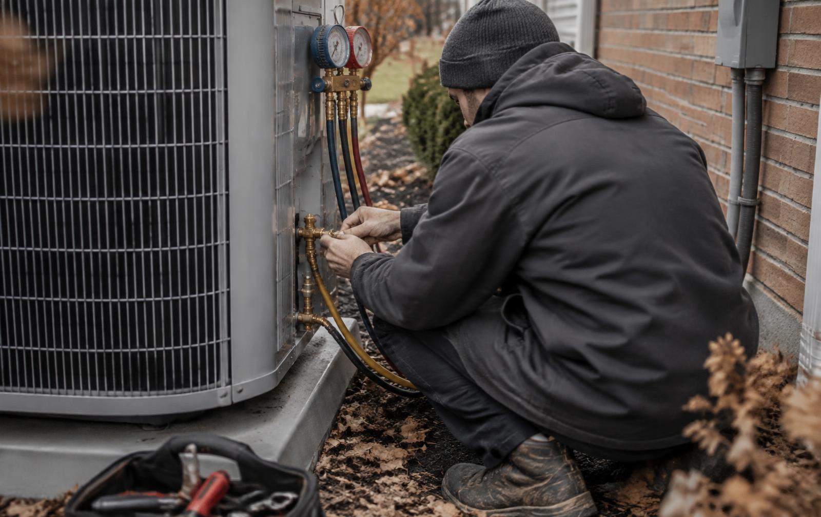 Casa technician connecting service gauges to a new outdoor heat pump