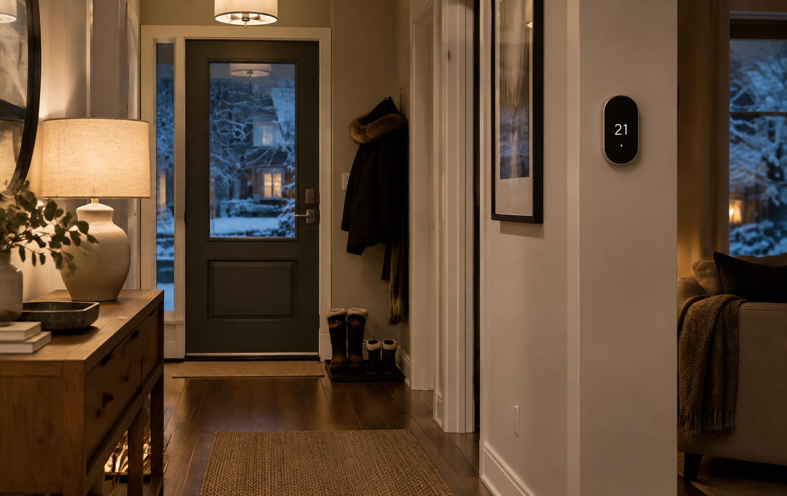 Warm Toronto hallway in winter with the thermostat at 21°C